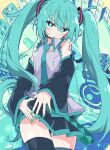  1girl :o aqua_eyes aqua_hair aqua_nails aqua_necktie black_skirt black_sleeves black_thighhighs blush commentary detached_sleeves grey_shirt hair_between_eyes hatsune_miku headset ixy long_hair looking_at_viewer necktie shirt skirt solo thighhighs thighs twintails vocaloid zettai_ryouiki 