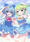  2girls :d ahoge arm_up bangs blue_dress blue_eyes blue_footwear blue_hair blue_skirt blue_vest blush bow cirno collaboration commentary_request daiyousei detached_wings dress fairy fairy_wings green_hair hair_between_eyes hair_bow highres honoka_chiffon ice ice_wings multiple_girls one_side_up pjrmhm_coa shirt shoes skirt smile socks touhou vest white_shirt white_socks wings wrist_cuffs 