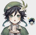  1boy bangs beret black_hair blue_hair braid cape collared_cape commentary flower genshin_impact genshin_impact_sticker_redraw_(meme) gradient_hair green_cape green_eyes green_headwear hat hat_flower highres male_focus meme multicolored_hair open_mouth short_hair_with_long_locks solo surprised symbol-only_commentary twin_braids venti_(genshin_impact) white_flower woooi 