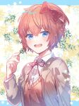  1girl :d aicedrop bangs blue_eyes blush bow brown_hair clover commentary_request doki_doki_literature_club four-leaf_clover grey_jacket hair_between_eyes hair_bow holding_clover jacket long_sleeves neck_ribbon open_clothes open_jacket open_mouth red_bow red_ribbon ribbon sayori_(doki_doki_literature_club) shirt short_hair signature smile solo upper_body white_shirt wing_collar 
