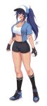  1girl :d airisubaka artist_name bangs baseball_cap black_gloves black_shorts black_socks blue_eyes blue_hair blue_jacket breasts cleavage collarbone commentary english_commentary fingerless_gloves full_body gloves hair_between_eyes hat highres jacket kneehighs large_breasts long_hair looking_at_viewer midriff navel open_clothes open_jacket open_mouth original ponytail shoes short_shorts short_sleeves shorts signature simple_background smile sneakers socks solo tomboy white_background 