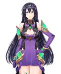  1girl absurdres adapted_costume alternate_color ayra_(fire_emblem) bare_legs bare_shoulders black_hair breasts chest_jewel cleavage cleavage_cutout clothing_cutout cowboy_shot dress earrings elbow_gloves expressionless fire_emblem fire_emblem:_genealogy_of_the_holy_war gloves grey_eyes hand_on_hip highres jewelry large_breasts long_hair looking_at_viewer mythra_(xenoblade) purple_dress purple_gloves saikunartworks short_dress simple_background solo tiara very_long_hair white_background xenoblade_chronicles_(series) xenoblade_chronicles_2 