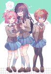  3girls aicedrop alternate_legwear arms_behind_back black_pantyhose blue_eyes blue_skirt blush book brown_footwear commentary_request doki_doki_literature_club full_body grey_jacket heart heart-shaped_pupils holding holding_book jacket kneehighs long_hair looking_at_viewer mary_janes multiple_girls natsuki_(doki_doki_literature_club) neck_ribbon open_clothes open_jacket outline pantyhose pink_eyes pink_hair pleated_skirt purple_eyes purple_hair red_ribbon ribbon sayori_(doki_doki_literature_club) school_uniform shirt shoes short_hair signature simple_background single_empty_eye skirt smile socks spoken_heart standing symbol-shaped_pupils two_side_up white_outline white_shirt white_socks yuri_(doki_doki_literature_club) 