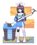  1girl bangs bird black_hair blue_archive blue_skirt blunt_bangs commentary_request full_body gun highres long_hair pantyhose pixel_art pleated_skirt red_eyes school_uniform serafuku shoes skirt sneakers solo standing taka_(takadesu321) trash_can weapon white_footwear 