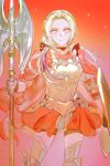  1girl armor axe breastplate breasts cape closed_mouth edelgard_von_hresvelg fire_emblem fire_emblem:_three_houses fire_emblem_warriors:_three_hopes gapamopa gloves hair_ornament hair_ribbon highres long_hair looking_at_viewer official_alternate_costume official_alternate_hairstyle purple_eyes red_cape ribbon simple_background skirt smile solo white_hair 