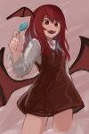  1girl :d absurdres bat_wings black_dress candy cropped_legs dress food from_below happy head_wings highres holding holding_candy holding_food holding_lollipop koakuma lenserd lollipop long_hair long_sleeves open_mouth pinafore_dress red_eyes red_hair simple_background smile solo teeth touhou upper_teeth wings 