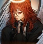  1boy angel_devil_(chainsaw_man) angel_wings bangs black_necktie chainsaw_man collared_shirt feathered_wings formal hair_between_eyes halo highres long_hair looking_at_viewer necktie orange_hair red_eyes shirt solo suit twitter_username umikochannart white_shirt white_wings wings 