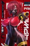  1girl absurdres bodysuit breasts english_text flare_gun gas_mask gun hair_over_one_eye highres holding holding_gun holding_weapon looking_at_viewer mask nekodayo22 ponytail pyro_(tf2) red_eyes red_hair solo team_fortress_2 weapon 