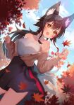  absurdres animal_ears autumn_leaves bare_shoulders black_skirt blue_sky blush braid hair_between_eyes highres hololive jacket leaf low_ponytail maple_leaf off_shoulder ookami_mio open_mouth outdoors red_hair rei_toba side_braid side_ponytail skirt sky smile tail virtual_youtuber white_hair wolf_ears wolf_girl wolf_tail yellow_eyes 