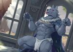  anthro big_pecs black_sclera blaidd_(elden_ring) blep blue_eyes bottomwear canid canine canis cape claws clothing crouching elden_ring fromsoftware loincloth male mammal mumu202 muscular muscular_male pecs solo tongue tongue_out video_games wolf 