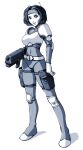  1girl armor breasts commentary covered_navel daniel_fielding elbow_pads full_body greyscale gun headgear knee_pads medium_breasts monochrome original pouch shoulder_armor signature solo weapon x-com 
