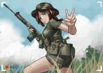 1girl battle_rifle blue_eyes brown_hair camouflage camouflage_headwear canteen chest_rig cloud cloudy_sky fn_fal freckles grass gun highres holding holding_weapon mardjan original recording rifle short_hair short_shorts shorts sky smile solo tree v weapon 