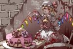  1girl artist_name blonde_hair blood blood_on_clothes blood_on_hands cake cooking cooking_pot dated dress flandre_scarlet flower food highres icing ladle pointing pzgr.40 red_dress red_eyes short_hair short_sleeves solo table touhou white_headwear wooden_table 