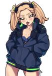  1girl blonde_hair boku_no_hero_academia bra breasts cosplay cowboy_shot cyberpunk_(series) cyberpunk_edgerunners ear_piercing hair_ornament half-closed_eyes hands_in_pockets highres hood hoodie long_sleeves looking_at_viewer open_mouth piercing rebecca_(cyberpunk) rebecca_(cyberpunk)_(cosplay) simple_background solo toga_himiko tongue tongue_out twintails underwear unusualpie white_background yellow_eyes 