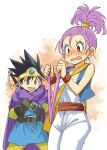  1boy 1girl black_hair blue_eyes blush breasts brown_eyes cape circlet dragon_quest dragon_quest_iii gloves highres merchant_(dq3) muramasa_mikado open_mouth purple_hair roto short_hair smile sword weapon 