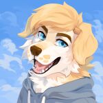  1:1 absurd_res ambiguous_gender anthro black_lips blonde_hair blue_clothing blue_eyes blue_hoodie blue_sky blue_topwear brown_nose canid canine canis clothed clothing cloud corzh77 domestic_dog fur glistening glistening_eyes hair headshot_portrait hi_res hoodie lips looking_at_viewer mammal open_mouth open_smile pink_tongue portrait sky smile solo tongue topwear unsigned white_body white_fur yellow_body yellow_fur 