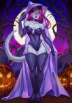  absurd_res anthro big_breasts blush breasts clothed clothing digital_media_(artwork) domestic_cat felid feline felis female food fruit fur hair halloween halloween_costume hi_res holidays leloli looking_at_viewer mammal open_mouth pink_hair plant pumpkin smile solo 