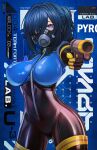  1girl absurdres blue_eyes blue_hair bodysuit breasts english_text flare_gun gas_mask gun hair_over_one_eye highres holding holding_gun holding_weapon looking_at_viewer mask nekodayo22 ponytail pyro_(tf2) solo team_fortress_2 weapon 