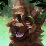  1:1 absurd_res anthro brown_body brown_fur brown_hair bust_portrait canid cheek_tuft chest_tuft corzh77 eyewear facial_tuft fangs fur glasses glistening glistening_eyes green_inner_ear_fluff hair happy hi_res inner_ear_fluff light light_beam looking_at_viewer male mammal multicolored_eyes nude open_mouth open_smile orange_eyes portrait short_hair smile solo square_glasses sunbeam sunlight tuft two_tone_eyes unsigned yellow_eyes 