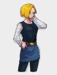  1girl android_18 belt black_shirt blonde_hair blue_eyes blue_shorts brown_belt closed_mouth dragon_ball dragon_ball_z grey_background kemachiku long_sleeves looking_away looking_to_the_side shirt short_hair shorts simple_background solo striped striped_sleeves white_sleeves 