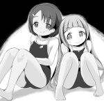  2girls bangs bare_arms bare_legs bare_shoulders barefoot blush breasts cleavage closed_mouth commentary_request hair_ornament hairclip highres ichihara_nina idolmaster idolmaster_cinderella_girls knees_up lemon_pan long_hair monochrome multiple_girls sasaki_chie school_swimsuit short_hair sitting small_breasts smile spot_color swimsuit thick_eyebrows very_long_hair 