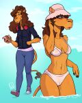  2022 absurd_res anthro bikini bikini_bottom bikini_top bottomwear brown_hair burger camel camel_toe camelid camilla_(profannytea) clothed clothing eating female food footwear fully_clothed hair hat headgear headphones headphones_around_neck headwear hi_res holding_food holding_object mammal nipples pants partially_submerged profannytea shoes sneakers solo standing swimwear translucent translucent_clothing water 