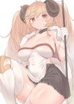  1girl ahoge anila_(granblue_fantasy) anila_(granblue_fantasy)_(cosplay) black_skirt blonde_hair blush brown_eyes cape cosplay covered_navel fur-trimmed_cape fur_trim gloves granblue_fantasy grin highres horns long_hair looking_at_viewer makabe_gorou monika_weisswind pleated_skirt simple_background skirt smile solo thighhighs twintails white_background white_gloves white_thighhighs 