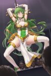  1girl armpits arms_behind_head arms_up ass_visible_through_thighs boots breasts commission elbow_gloves faceless faceless_male fire_emblem fire_emblem:_mystery_of_the_emblem fire_emblem_echoes:_shadows_of_valentia fire_emblem_heroes fuooooo gloves green_eyes green_hair highres holding holding_pole indoors large_breasts long_hair official_alternate_costume paid_reward_available palla_(fire_emblem) pelvic_curtain pole pole_dancing skeb_commission squatting stripper_pole thigh_boots thighhighs thighs very_long_hair white_gloves white_thighhighs 