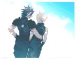  2boys arm_around_waist armor belt black_gloves border cloud cloud_strife cloudy_sky cowboy_shot earrings final_fantasy final_fantasy_vii final_fantasy_vii_advent_children from_behind gloves hair_slicked_back hand_on_hip high_collar jewelry looking_at_another male_focus medium_hair multiple_boys open_mouth outdoors pants shi3ashi3a shirt short_hair shoulder_armor single_bare_shoulder single_earring sky sleeveless sleeveless_shirt sleeveless_turtleneck smile spiked_hair suspenders turtleneck waist_cape yaoi zack_fair 