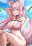  1girl animal_ears bikini blush breasts cat_ears cat_girl cat_tail chest_belt hair_ornament hakui_koyori highres holding hololive long_hair looking_at_viewer multi-strapped_bikini navel open_mouth outdoors pink_bikini pink_hair purple_eyes solo swimsuit tail takuty 