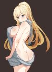  1girl artist_name ass baige0 bangs bare_arms bare_back bare_shoulders bianka_durandal_ataegina blonde_hair blue_eyes bottomless breasts brown_background chinese_commentary closed_mouth cowboy_shot dress earrings forehead from_behind frown grey_sweater high_ponytail highres honkai_(series) honkai_impact_3rd jewelry large_breasts long_hair no_bra parted_bangs shadow sideboob simple_background solo sweater sweater_dress v-shaped_eyebrows 