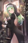  1girl alternate_costume artist_name bare_back black_dress blurry blurry_background breasts ceres_fauna closed_mouth dress flower green_hair hair_between_eyes hair_flower hair_ornament hololive hololive_english kananote large_breasts long_hair looking_at_viewer nun patreon_username solo thighs yellow_eyes 