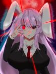  1girl animal_ears black_jacket breasts formal hand_over_eye highres imperishable_night jacket long_hair looking_at_viewer moon necktie night night_sky pink_hair rabbit_ears red_eyes red_moon red_necktie reisen_udongein_inaba shirt sky solo touhou user_jwtz7387 very_long_hair white_shirt 
