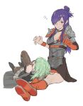  2girls absurdres armor asymmetrical_clothes bangs breasts byleth_(fire_emblem) byleth_(fire_emblem)_(female) cape choker cleavage closed_mouth fire_emblem fire_emblem:_three_houses fire_emblem_warriors:_three_hopes hair_bun hair_over_one_eye highres large_breasts long_hair looking_at_viewer medium_hair multiple_girls purple_eyes purple_hair shez_(fire_emblem) shez_(fire_emblem)_(female) simple_background single_hair_bun toho10min 