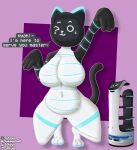  2022 anthro bellabot big_breasts black_body breasts carrefour dialogue domestic_cat featureless_breasts felid feline felis female front_view hi_res kerfus looking_at_viewer mammal one_eye_closed paws pudu_robotics screen screen_face sokoyoowo solo speech_bubble white_body wide_hips wink winking_at_viewer 