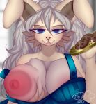  anthro apron apron_only barista big_breasts blue_eyes bodily_fluids breast_milking breast_play breast_squish breasts cleavage clothed clothing colored cookie digital_drawing_(artwork) digital_media_(artwork) ears_down erect_nipples female food grey_hair hair half-length_portrait hi_res huge_breasts hyper hyper_breasts lactating lagomorph leporid macyw maid_apron mammal milk mostly_nude nipple_fetish nipple_outline nipple_play nipples pivoted_ears portrait rabbit shaded size_difference size_play soft_shading solo squish waiter ych_result yellow_body 