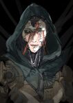  1girl absurdres android apex_legends ash_(titanfall_2) ashleigh_reid black_background black_sclera blue_eyes colored_sclera dual_persona hair_between_eyes highres hood hood_up lenjor mask nervous open_mouth orange_hair portrait puzzle_piece simulacrum_(titanfall) sketch smile solo_focus yellow_eyes 