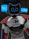  2022 anthro bellabot blue_body carrefour dialogue domestic_cat felid feline felis front_view hi_res kerfus logo magnoliathetre1 male mammal owo pudu_robotics red_body screen screen_face solo talking_to_viewer text translated white_body 