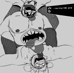  anthro asgore_dreemurr beard big_tongue blush bodily_fluids boss_monster bovid boxofmen breasts bulge caprine clothing covered_eyes crown darkner deltarune dialogue dominant dominant_male duo eye_roll facial_hair genitals goat hi_res humanoid king king_spade legs_up licking looking_down looking_down_at_partner looking_pleasured lying male male/male mammal mature_anthro mature_male monochrome monster moobs nipples obscured_eyes on_back open_mouth open_smile oral overweight overweight_male penile penis penis_lick royalty saliva sex sitting_on_another slightly_chubby smile speech_bubble spread_legs spreading stomach_mouth stripper_clothes sweat teeth teeth_showing text thong tongue tongue_out undertale undertale_(series) underwear video_games 