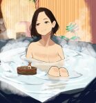  1girl black_eyes black_hair breasts bucket cleavage fence floating floating_object ganbare_douki-chan nude onsen outdoors senpai-san_(douki-chan) shi_(pixiv40090524) smile solo steam tokkuri water wooden_bucket wooden_fence 