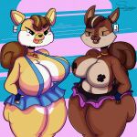  anthro big_breasts big_butt breasts brown_body butt covered_breasts duo ear_piercing ear_ring fazbear_fanverse female five_nights_at_freddy&#039;s food hair hi_res mammal piercing pizza popgoes popgoes_arcade popgoes_evergreen ring_piercing rodent saffron_the_squirrel sara_the_squirrel sciurid scottgames small_clothing suwodirector teeth thick_thighs tongue video_games yellow_body 