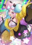  1girl aqua_hair arm_up armpits asymmetrical_legwear bangs bare_shoulders black_jacket bow-shaped_hair breasts character_hair_ornament grey_shirt hair_ornament iono_(pokemon) jacket large_breasts long_sleeves looking_at_viewer magnemite mismatched_legwear multicolored_clothes multicolored_hair multicolored_jacket open_mouth oversized_clothes pink_hair pokemon pokemon_(creature) pokemon_(game) pokemon_sv purple_eyes sharp_teeth shirt sleeveless sleeveless_shirt sleeves_past_fingers sleeves_past_wrists smile solo split-color_hair star_(symbol) take_tw01 teeth thigh_strap tongue two-tone_hair two-tone_jacket very_long_sleeves wide_sleeves x yellow_jacket 