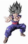  1boy big_hair clenched_teeth dougi dragon_ball dragon_ball_super dragon_ball_super_super_hero full_body gohan_beast grey_hair highres male_focus muscular muscular_male red_eyes red_sash sash simple_background solo son_gohan spiked_hair teeth torn_clothes white_background youngjijii 