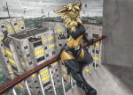  2020 5_fingers anthro balcony biped blonde_hair boots clothed clothing eeveelution ewgengster_(artist) female fingers footwear fur generation_1_pokemon green_eyes hair hi_res jolteon latex_armwarmers latex_boots latex_clothing latex_stockings lightning navel nintendo pokemon pokemon_(species) rubber rubber_boots solo storm traditional_media_(artwork) video_games yellow_body yellow_fur 