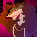  anthro black_body black_fur chain_necklace clothing confusion eyewear fur goo_(disambiguation) goo_creature goo_dripping green_body green_fur hair jewelry kudo_redfox_(character) long_hair male necklace ominouscasket sergal solo suit sunglasses synthwave white_body white_fur 