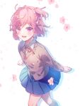  1girl :d aicedrop bangs blue_skirt brown_jacket cherry_blossoms commentary_request doki_doki_literature_club flower hair_ornament hair_ribbon hairclip jacket long_sleeves looking_at_viewer natsuki_(doki_doki_literature_club) open_mouth petals pink_eyes pink_hair pleated_skirt red_ribbon ribbon school_uniform short_hair skirt smile solo swept_bangs two_side_up 