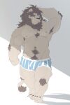  absurd_res anthro body_hair bulge chest_tuft clothed clothing elbow_tuft felid hand_on_head happy_trail hi_res knee_tuft leg_tuft lion male mammal mane meimei_kia muscular nipples pantherine simple_background solo topless tuft underwear underwear_only walking 