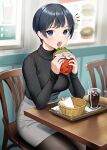  1girl basket black_hair black_pantyhose black_ribbon black_sweater blue_eyes blurry blurry_background blush burger chair doushimasho drinking_straw food food_wrapper french_fries grey_skirt high-waist_skirt highres holding holding_food indoors long_sleeves office_lady open_mouth original pantyhose pencil_skirt ribbon shirt short_hair sitting skirt soda solo sweater table tray turtleneck turtleneck_sweater 