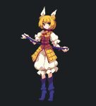  1girl 4qw5 armor armored_dress black_background blonde_hair blue_footwear boots breasts closed_mouth cracked_skin double_bun dress full_body hair_bun hair_ribbon joutouguu_mayumi looking_at_viewer pixel_art ribbon short_hair short_sleeves simple_background solo touhou vambraces white_ribbon yellow_dress yellow_eyes 