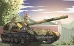  1girl artist_name camouflage chinese_commentary dated grass highres hong_meiling ptz_89 pzgr.40 qjc-88 rank_focus scarlet_devil_mansion solo tank_focus tank_helmet tank_shell touhou tree vehicle_focus 
